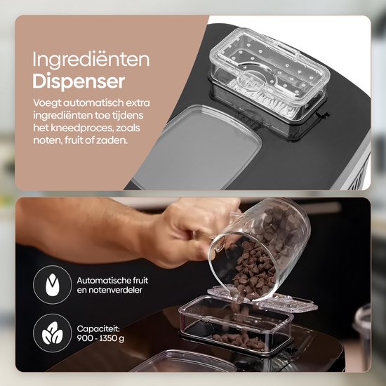 Automatische ingrediënten dispenser met een doorzichtige bovenkant. Perfect voor het toevoegen van noten en fruit.