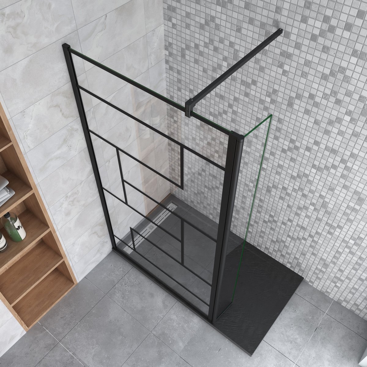 Douchewand-Inloopdouche 90x200cm draaibaar hoekprofiel 40x200cm 8mm NANO EasyClean onregelmatig zwart rooster gezeefdrukt gehard glas+140 cm Stabilisatiestang kan worden gesneden