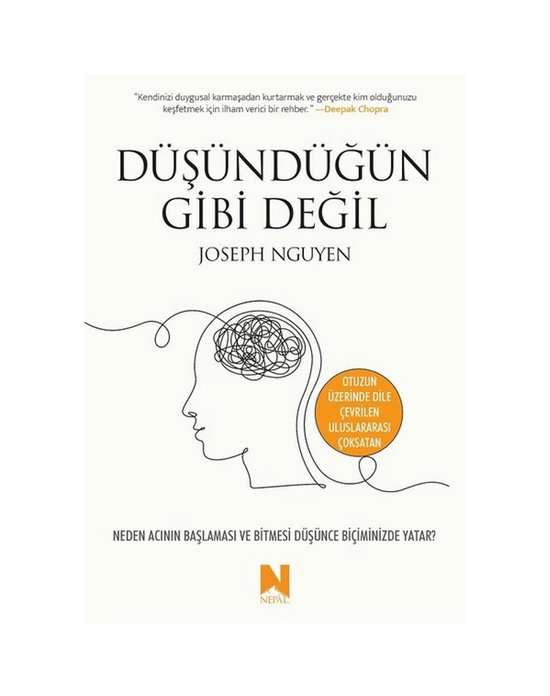 Boek kaft met de titel 'Düşündüğün Gibi Değil' door Joseph Nguyen. Een illustratie van een hoofd met een wirwar in het brein.