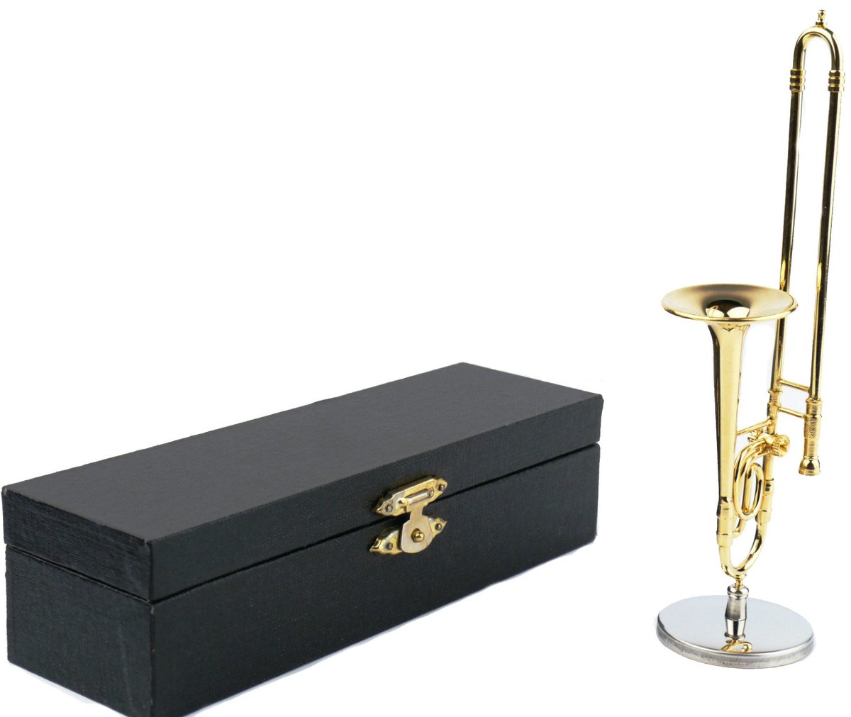 Music Gifts - Miniatuurinstrument Ventiel trombone – Gepolijste Messing Replica met Verchroomde Standaard en Luxe Geschenkdoos