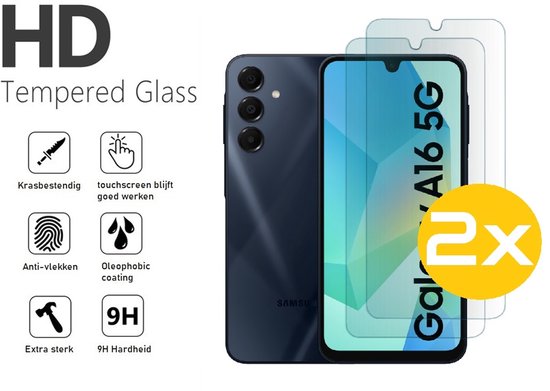 Donkerblauwe Samsung A16 5G met 2 HD screenprotectors. Kenmerken: krasbestendig, 9H hardheid.