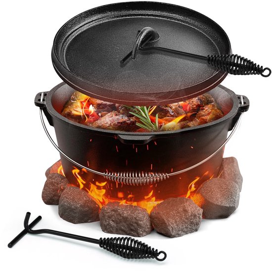 Muntel® Dutch Oven - Gietijzer - Bakpan - Kookpan - 7,5 L - Multifunctioneel - Braadpan - 3 Delig - Draaggreep - Zwart