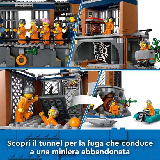 LEGO City Politiegevangenis, met uitbraak tunnel, boten, haai, en spelende kinderen.