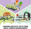 LEGO Duplo trein sets 10427, 10426 en 10425, met treinen, stations en bruggen.