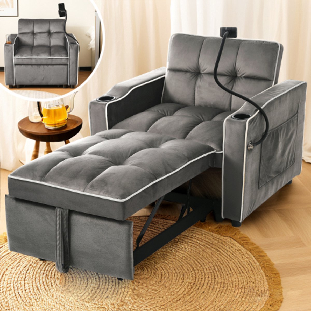 HOMCOM Slaapstoel, klapstoel met slaapfunctie, slaapbank met verstelbare rugleuning, logeerbed, gestoffeerde bank met linnenlook, voor woonkamer, donkergrijs, 75 x 70 x 75 cm