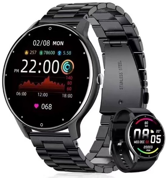 Knobbout 1.28" Scherm ultradunne smartwatch met gezond heidsmonitoring, sporttracking, muziekbediening, persoonlijke wijzerplaat, bluetooth bellen - - zwart staal+siliconen horloge…