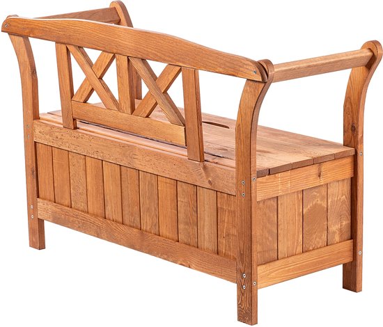 KADAX Tuinbank, 119 x 43 x 75 cm, bank van een vezelplaat, zitbank met opbergruimte en rugleuning, weerbestendige houten bank voor tuin, balkon, 119 cm, gouden eiken