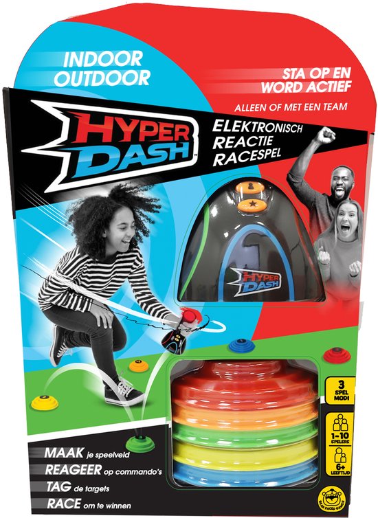 Doos van het Hyper Dash spel met afbeeldingen van spelende kinderen en de spelconsole.