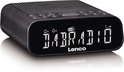 Zwarte digitale wekkerradio met wit display, 'DABRADIO', en zichtbare knoppen.