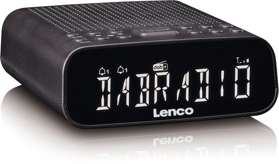 Zwarte digitale wekkerradio met wit display, 'DABRADIO', en zichtbare knoppen.