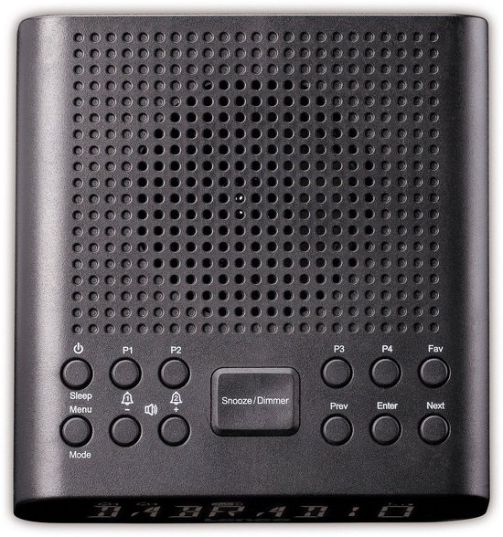 Zwarte digitale wekkerradio met knoppen: Sleep, Menu, P1-P4, Fav, Snooze/Dimmer.