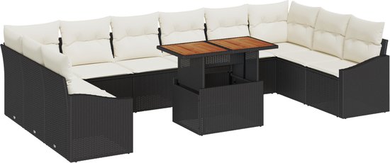 vidaXL - 11-delige - tuinset - met - kussens - - - zwart - poly - rattan - en - acacia