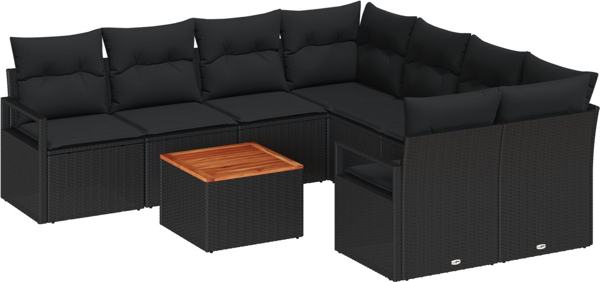 vidaXL - Tuinbank - Set - met - kussen - 9 - pcs - Zwart - poly - rattan