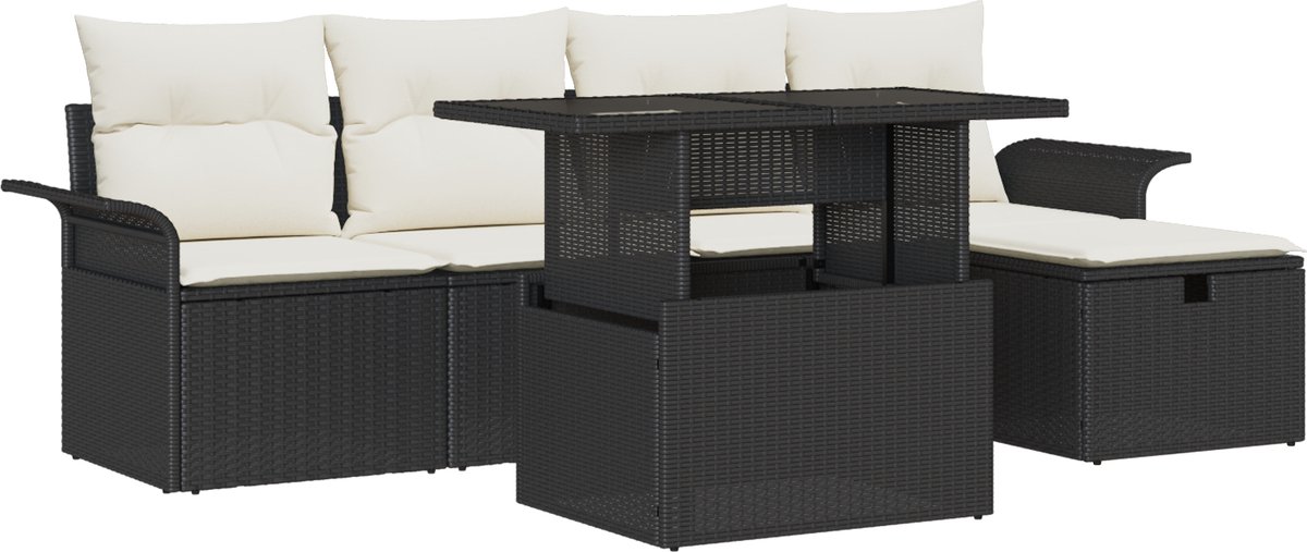 vidaXL - Tuinbank - Set - met - kussen - met - opslag - 6 - pcs - Zwart - Poly - rattan