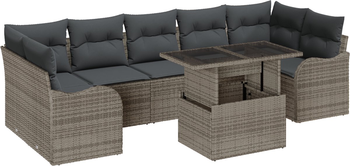 vidaXL - Tuinbank - Set - met - kussen - met - opslag - 8 - pcs - Grijs - Poly - Riet