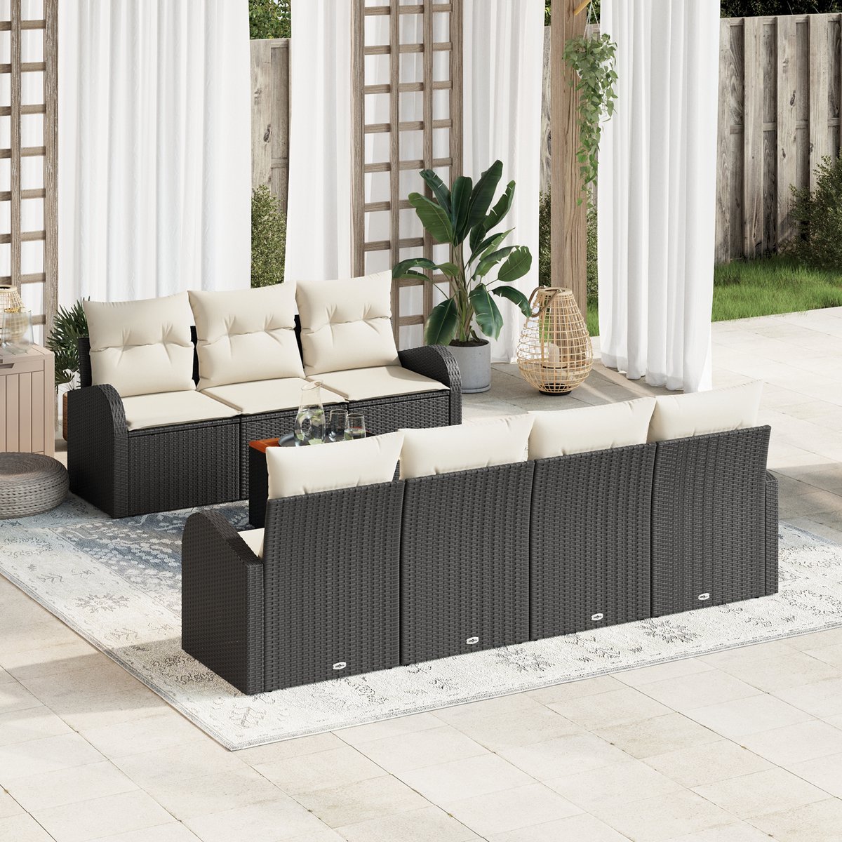 vidaXL - Tuinbank - Set - met - opslag - 8 - pcs - Zwart - en - Crème - poly - rattan