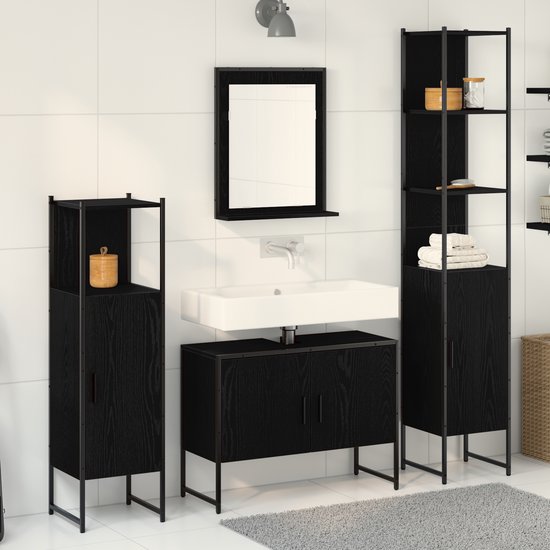 vidaXL - 4-delige - Badkamer - Meubel - Set - Zwart - Eiken - Bewerkt - Hout