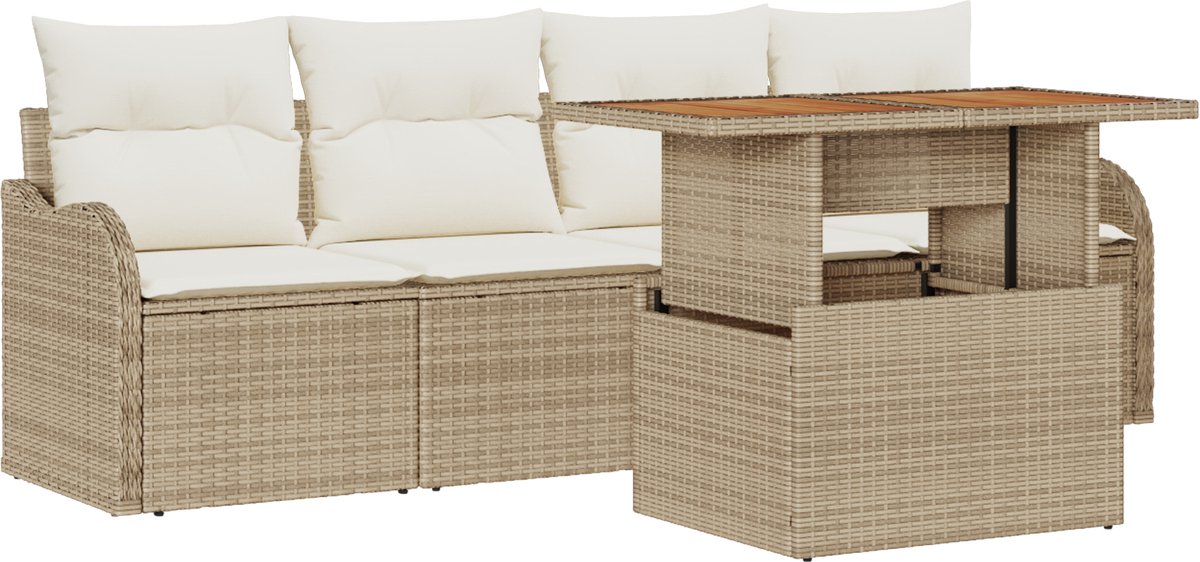 vidaXL - Tuinbank - Set - met - kussen - 5 - pcs - Beige - en - Crème - poly - rattan