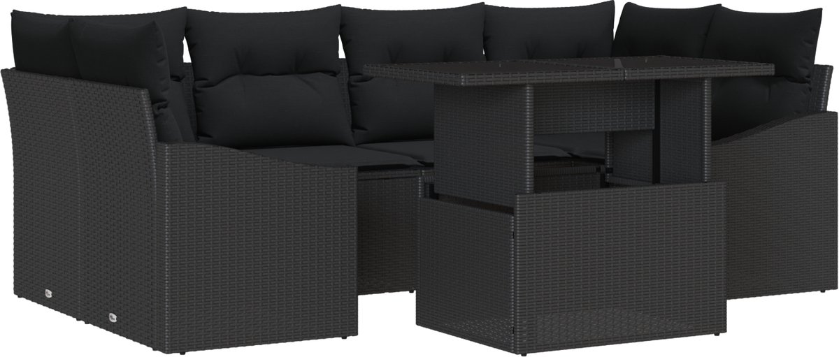 vidaXL - Tuinbank - Set - met - kussen - 7 - pcs - Zwart - poly - rattan