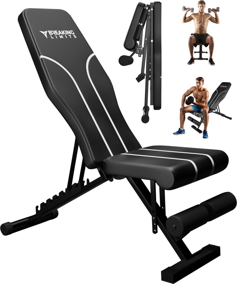 Bol.com Breaking Limits Fitnessbank - Fitness Halterbank tot 300KG - Bench Press - Trainingsbank - Inklapbaar - Verstelbaar - Zw... aanbieding