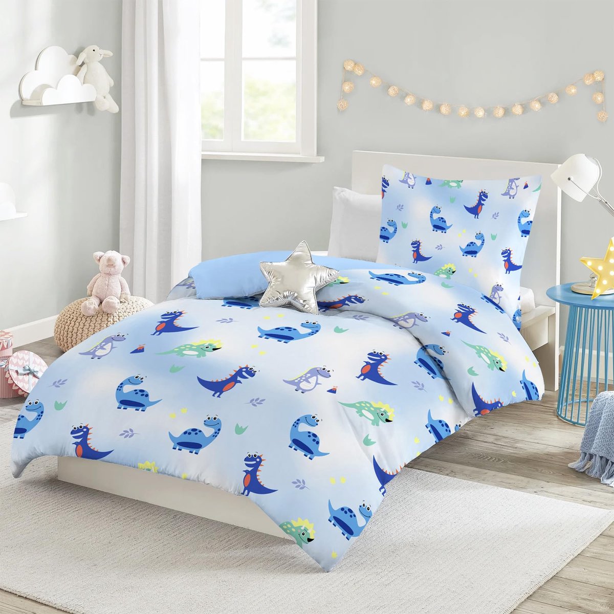 Ibenzoa® Optimale Beddengoedset met Dinosaurusprint voor Kinderen – Blauw (135x200 cm + 1 Kussensloop 80x80 cm)