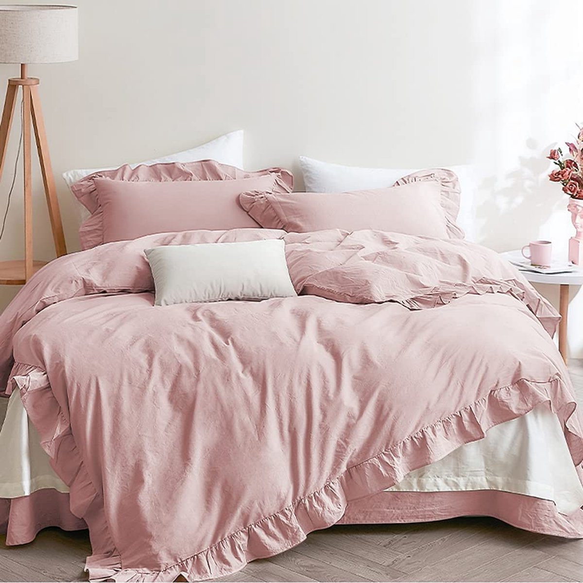 Ibenzoa Hoogwaardige Microvezel Bedding Set met Ruches, Roze, 3-delig met Kussenslopen