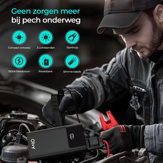 Monteur gebruikt zwarte Olvy jumpstarter met rode startklemmen op een auto. Iconen tonen compact ontwerp, 3 lichtstanden, starthulp, 1500A, powerbank en slimme kabels.