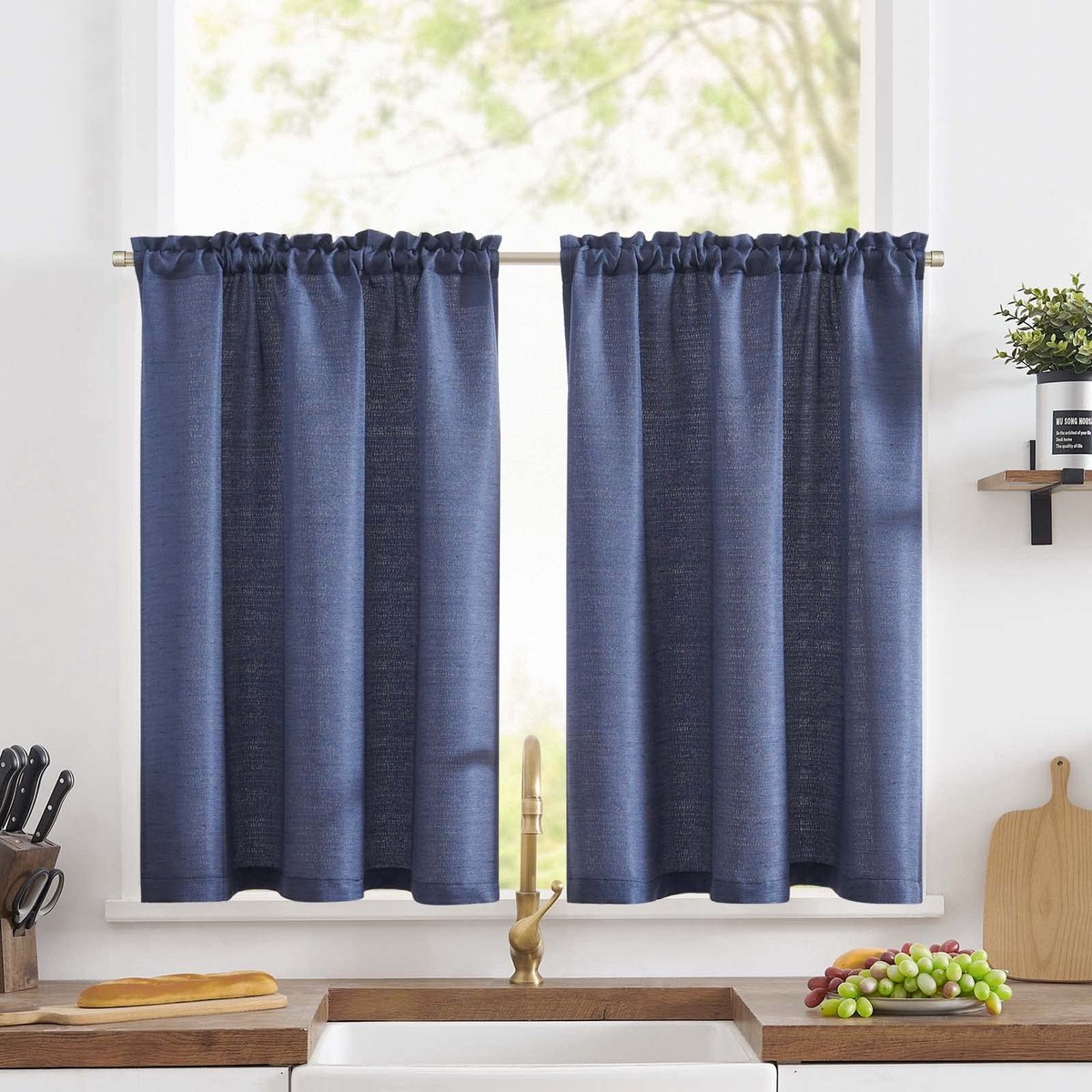 Ibenzoa Keuken Gordijnen Set - Linnenlook, Blauw, 90x60cm (2 Stuks)