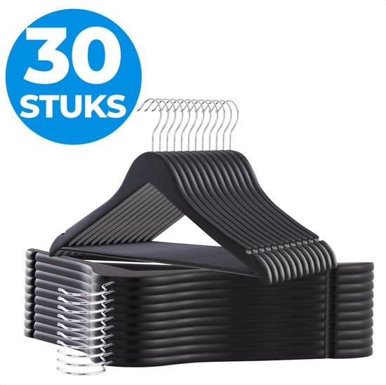 ACAZA Cintres en bois Massief 30 pièces, bois d' Esdoorn , surface lisse, cintre avec encoche et barre de pantalon, Set de 30, Zwart