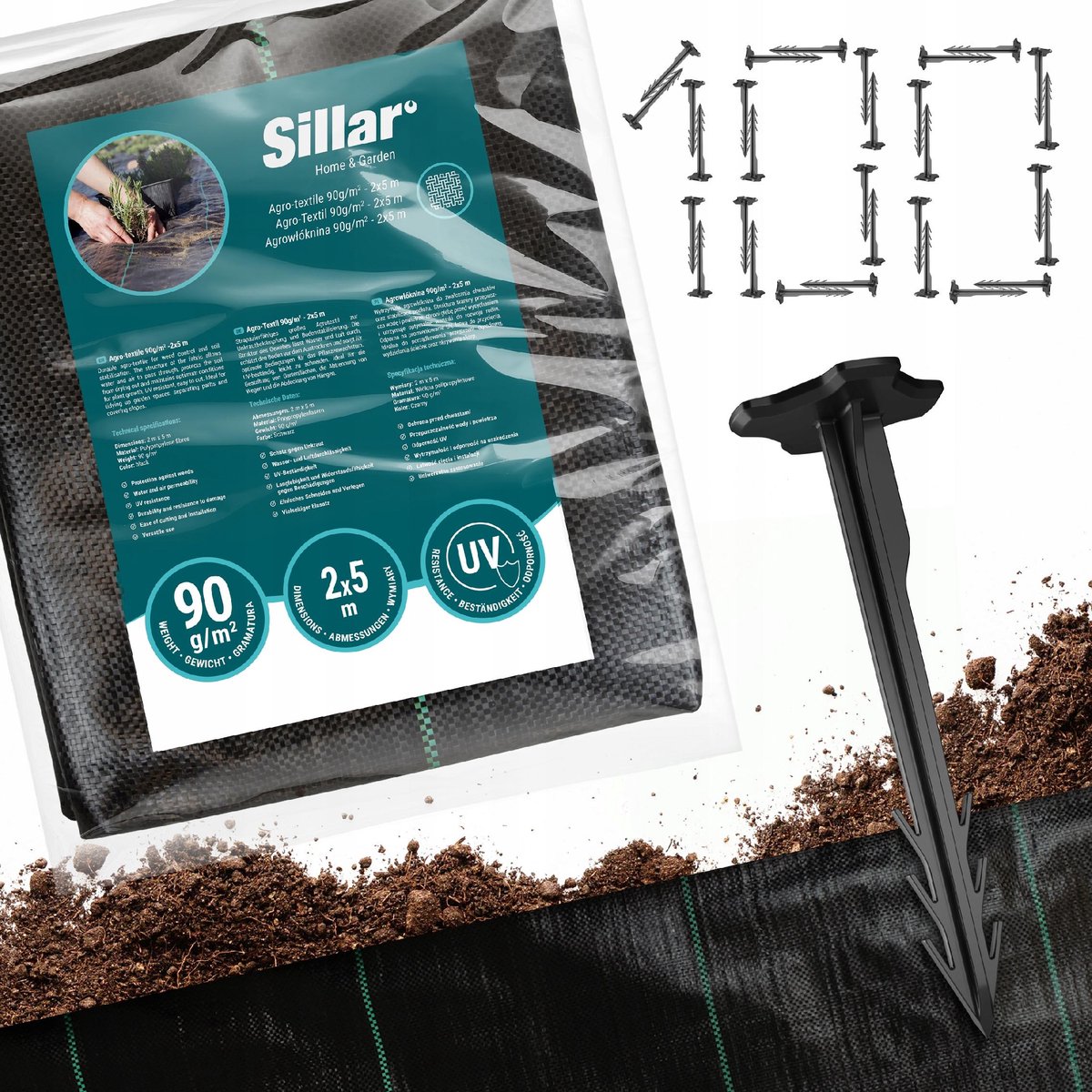 Sillar, onkruidvlies tuinvlies, tegen onkruid, agrotextiel, plantenbescherming, duurzaam, UV-bestendig, agrotextiel voor het snijden, universeel, 90 g/m2, 2m x 5m + Gronddoekpennen 12cm, 100stk