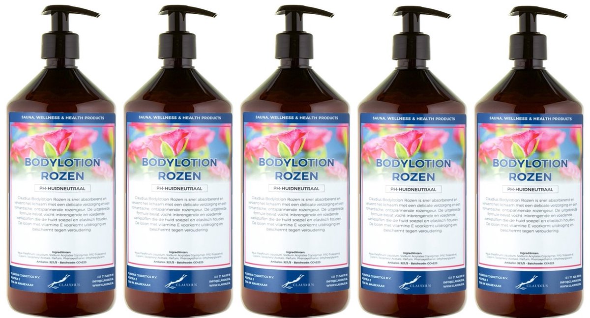 Bodylotion Rozen 1 Liter - met gratis pomp - set van 5 stuks - Voordeelverpakking