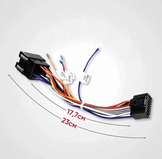 ISO autoradio kabel met veelkleurige draden en connectoren, met afmetingen aangegeven.