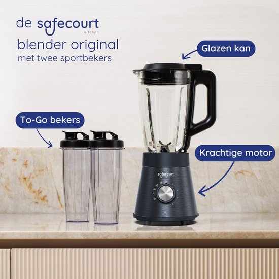 Safecourt Kitchen Power Blender - 1,5L Glas & 2x 600ml To-Go beker - 1300W Smoothie maker - Krachtig, stil en eenvoudige reiniging - RVS