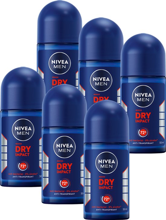 NIVEA MEN Dry Impact Anti-Transpirant Deo Roller - Deodorant - 72 uur bescherming - Met mineralen en DryPlus - Alcoholvrij en antibacterieel - 6 x 50 ml - Voordeelverpakking