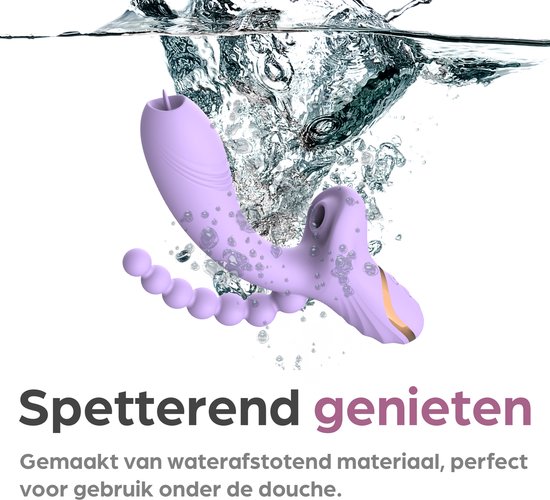 Paarse vibrator met kralen in het water. "Spetterend genieten", gemaakt van waterafstotend materiaal.