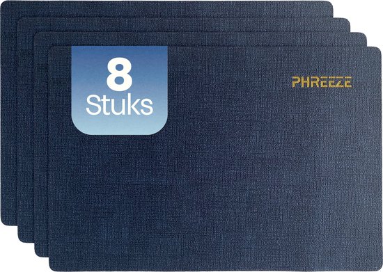 8 sets de table bleu foncé avec une texture subtile, avec le logo Phreeze.