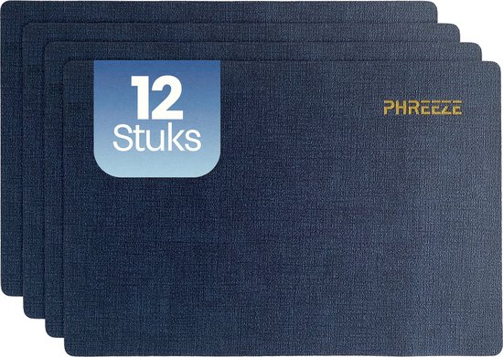 Pile de quatre sets de table bleu foncé, avec une étiquette '12 Pièces'.