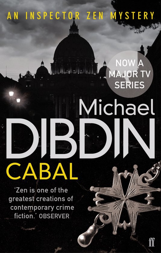 Boekomslag 'CABAL' door Michael Dibdin, een Inspector Zen mysterie, met de Sint-Pietersbasiliek op de achtergrond en de tekst 'NU EEN GROTE TV-SERIE'.