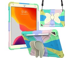 Kindvriendelijke Beschermhoes voor iPad 10.2 inch (2019/2020) – Robuuste 3D Siliconen Hoes met Vlinderrand, Schouderriem & Draagstrips – Kleurrijk Groen