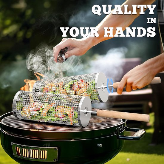 Famanu Geneste rollende grillmandenset met houten handvat (2 stuks, 24 cm x 10 cm), Rolling Grilling mand, grillnet voor de buitengrill voor groenten, grillmand, roestvrij staal, cilindrisch — afbeelding 3
