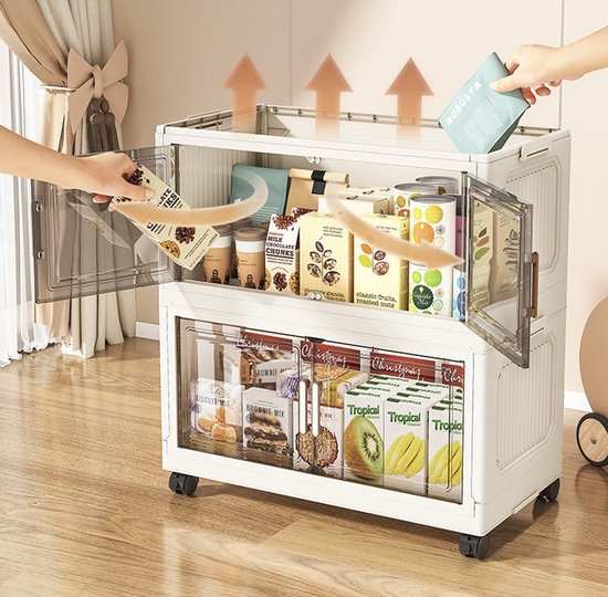 Stapelbare plastic opbergbakken met 3 niveaus met wielen en doorzichtige deuren, inklapbare containers voor woonkamer, slaapkamer, slaapzaal, wasruimte, keuken