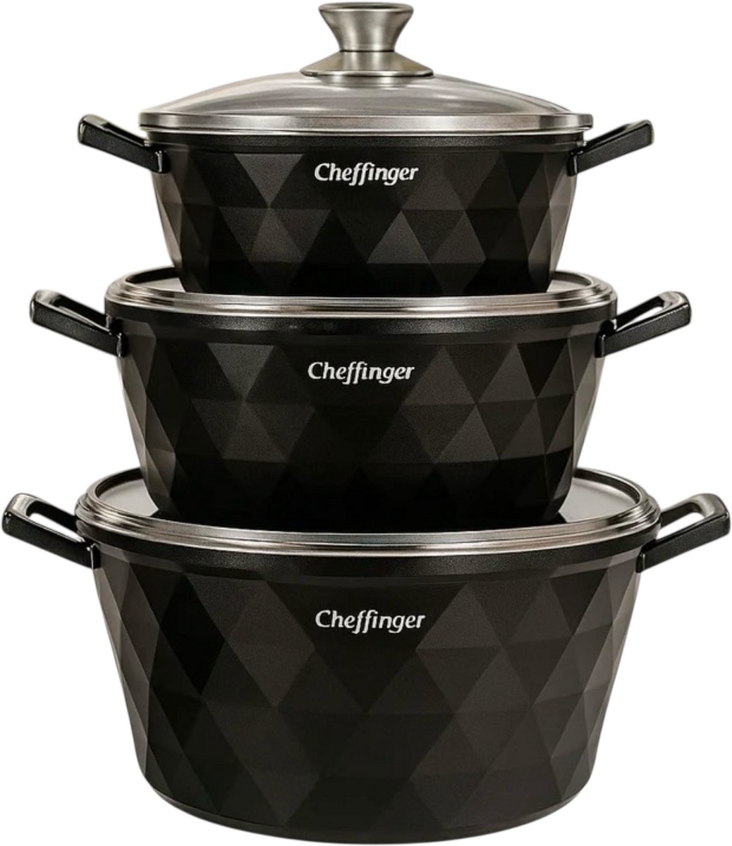Cheffinger Pannenset - Diamond Line - 6-delig - 20, 24 & 28 cm - Zwart