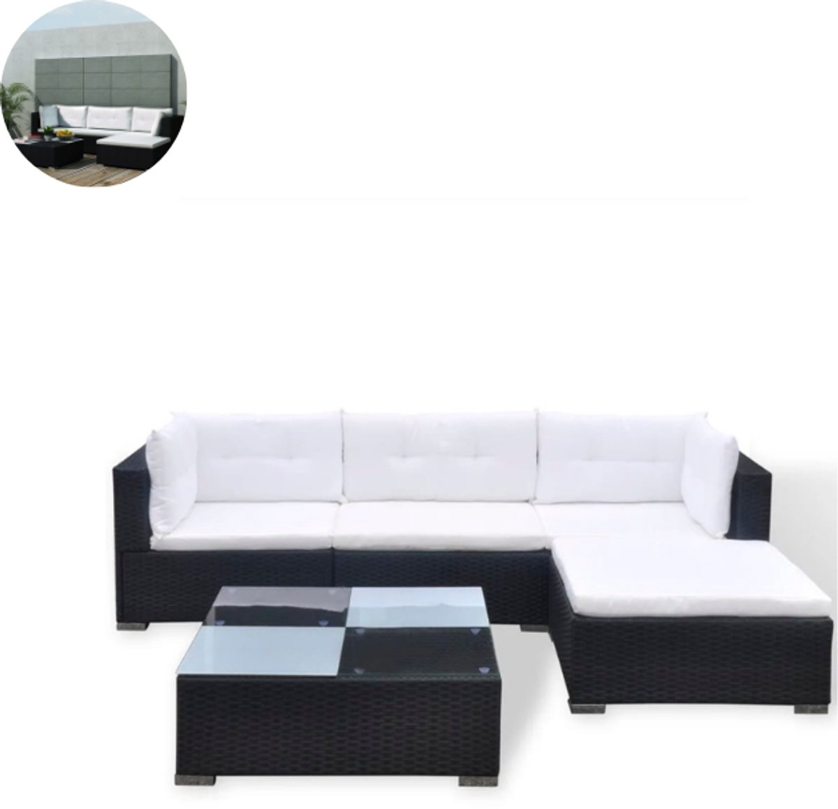 5-delige loungeset met palletkussens in weerbestendig grijs poly rattan. Comfortabel zitten op modulair bankstel.