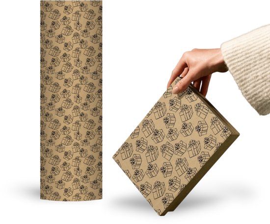 Papierrol Cadeaupapier – Kraft Cadeau Patroon – 50cm x 150m – Bruin Kraftpapier met Geschenkjesprint – Duurzaam & Recyclebaar – Inpakpapier voor Verjaardagen, Feestdagen & Winkels
