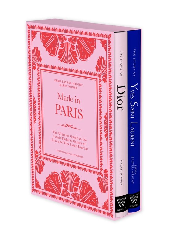 Boek in een roze doos met patronen, 'Made in Paris' op de voorkant. Twee boeken ernaast: 'The Story of Dior' en 'Yves Saint Laurent'.