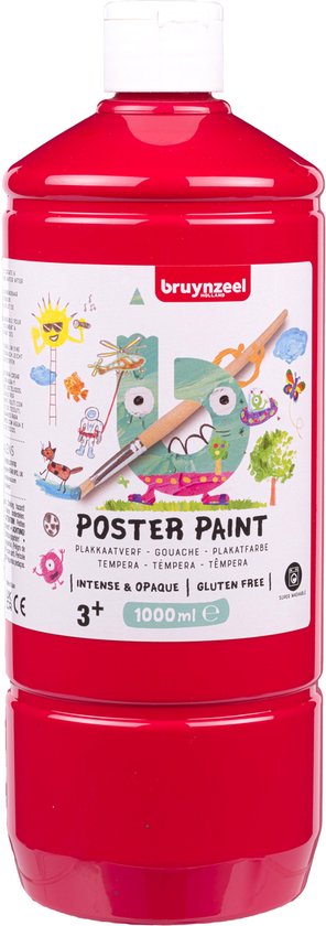 Bouteille de peinture d'affiche rouge de 1000 ml par Bruynzeel, avec l'étiquette 'POSTER PAINT' et des illustrations conviviales pour les enfants.