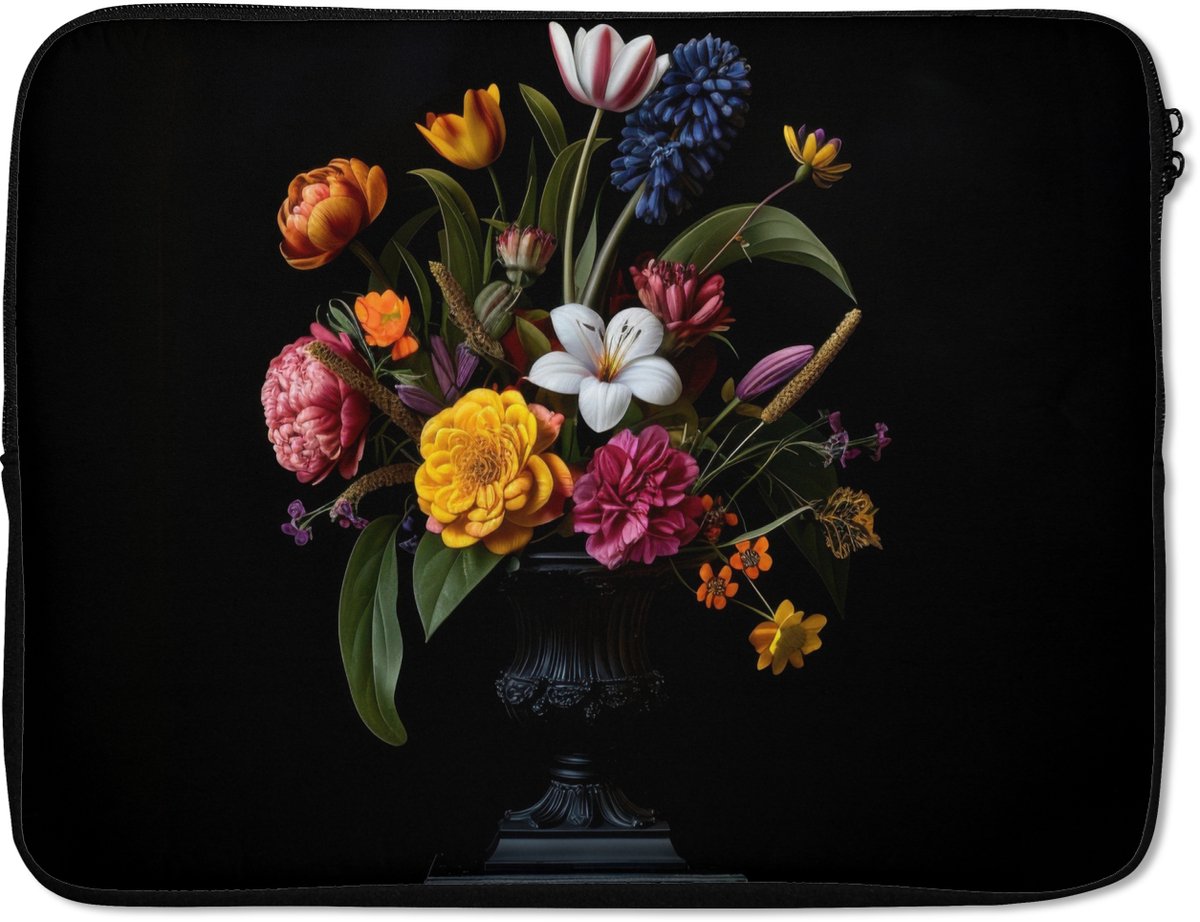 Laptophoes 15.6 inch - Lente - Bloemen - Klassiek - Vaas - Laptop sleeve - Binnenmaat 37x26 cm - Zwarte achterkant