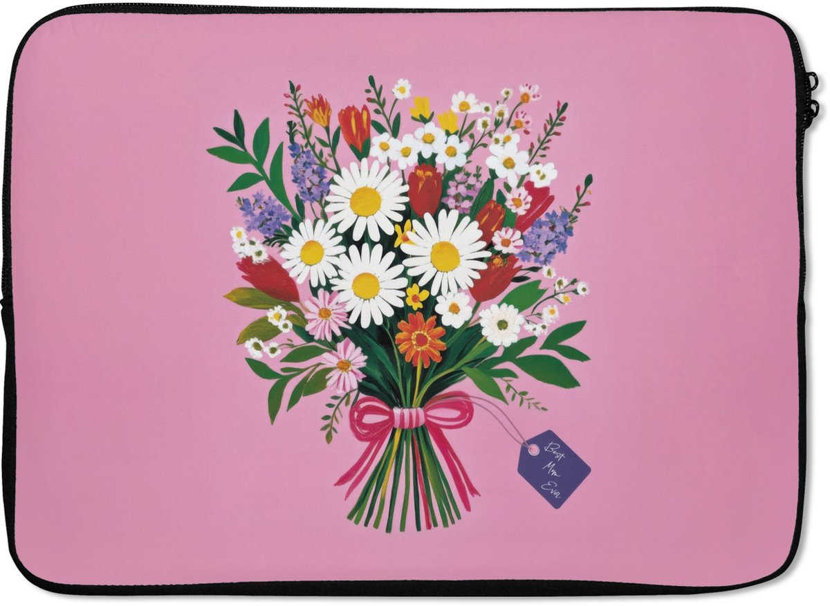 Laptophoes 14 inch - Bloemen - Quote - Kaartje - Kleurrijk - Laptop sleeve - Binnenmaat 33x23 cm - Zwarte achterkant