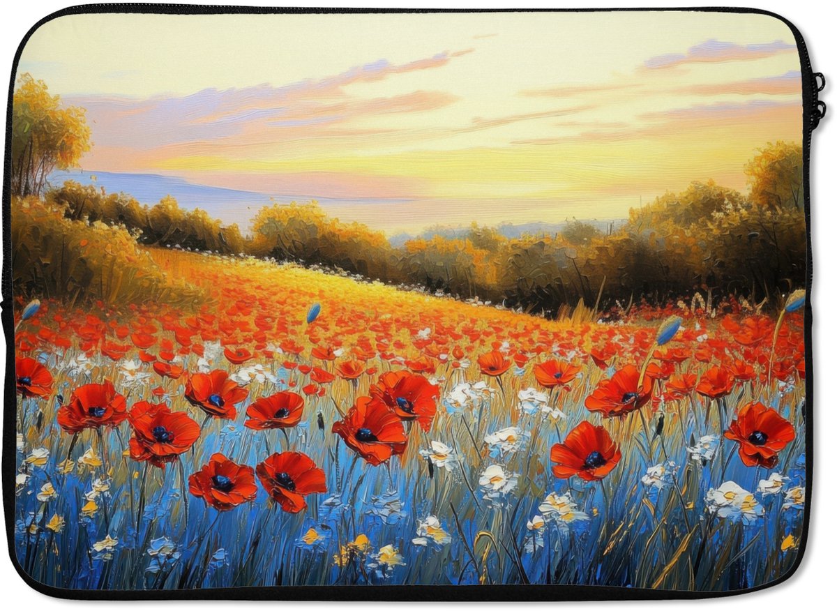 Laptophoes 14 inch - Klaproos - Bloemenveld - Kleurrijk - Laptop sleeve - Binnenmaat 33x23 cm - Zwarte achterkant
