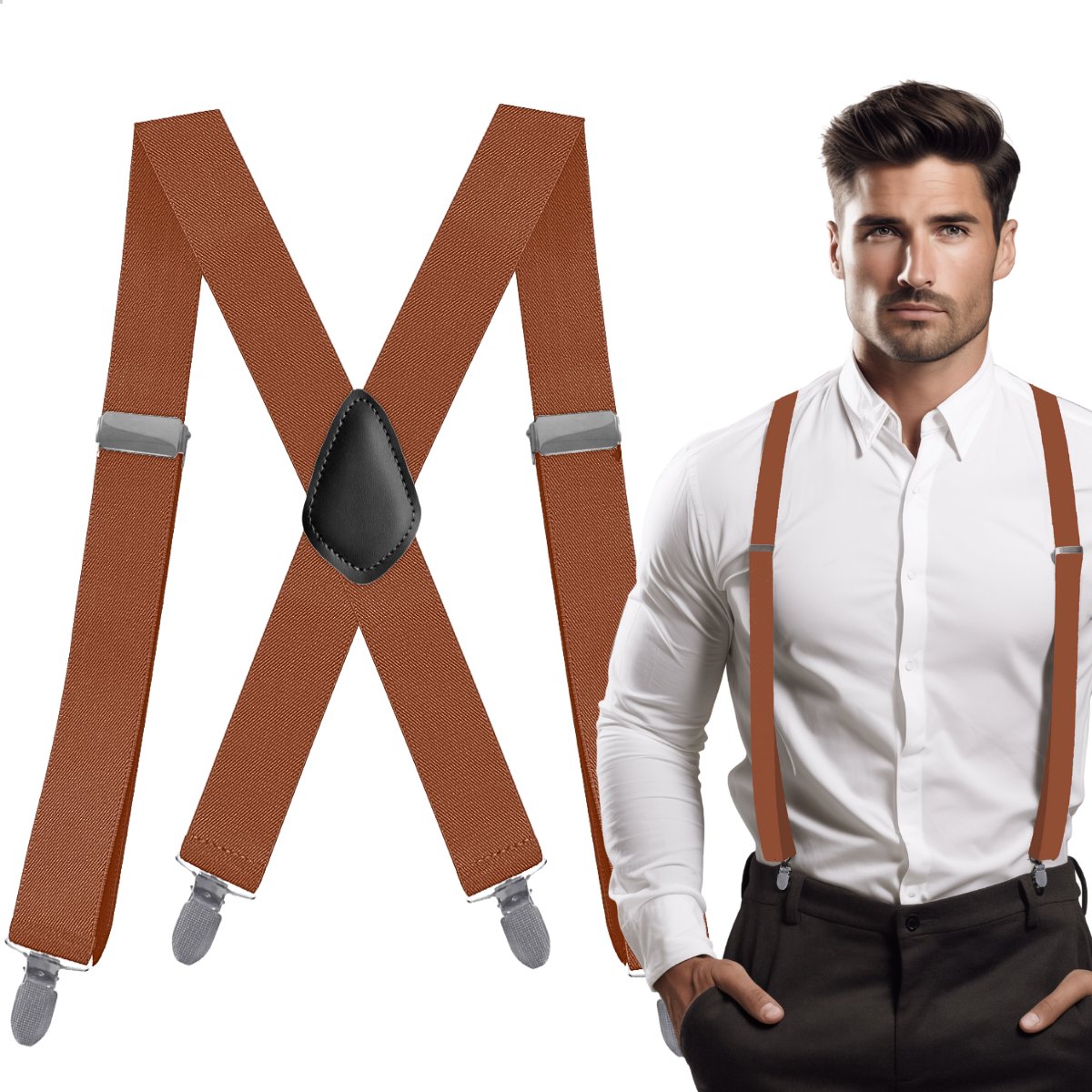 BSBUY Brede verstelbare bretels voor heren, brede bretels van Y-type met bevestigingsopties met clip en knoop voor heren, 3,5 cm, 3 clips (zwart en bruin), Eén maat